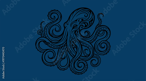 Intricate dark blue octopus illustration on a solid background.
