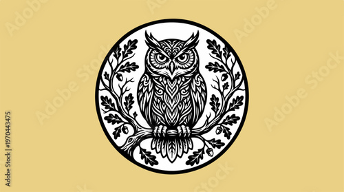 Intricate owl illustration perched on a branch within a circular frame.