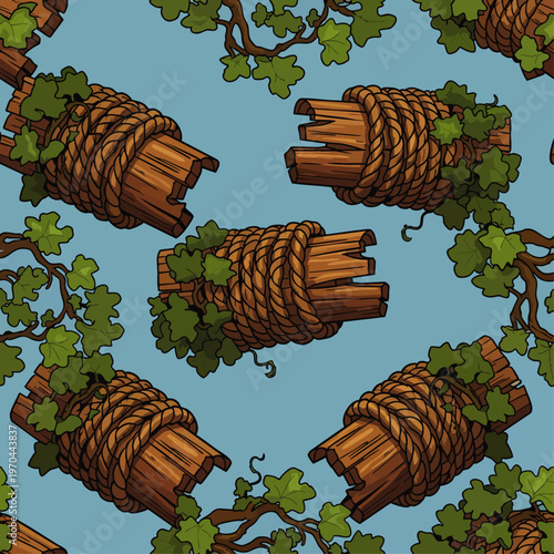 Hand-drawn seamless pattern featuring rustic wood bundles bound with rope, intertwined with vibrant green leaves and branches on a soft blue background.