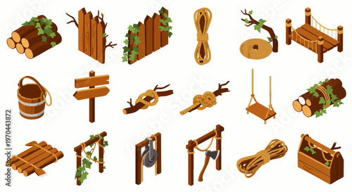 Isometric wood and rope elements collection for game design, crafting, and outdoor adventure themes. Rustic natural materials, tools, and structures.