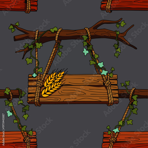 Hand-drawn rustic wooden sign with a golden wheat sheaf, hanging from a branch with ropes and green ivy. Cartoon style for game design.