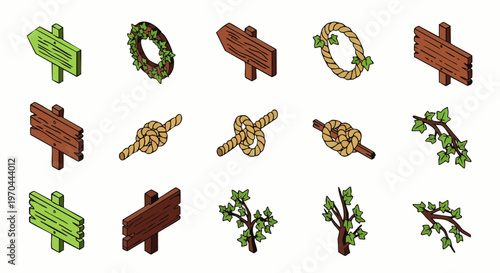 Isometric Nature and Rustic Elements Vector Icon Set: Wooden Signs, Rope Knots, and Leafy Branches for Outdoor, Forest, or Eco-Themed Designs