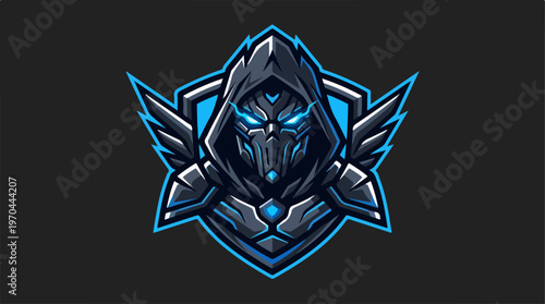 Mysterious digital art of a futuristic warrior with glowing eyes.