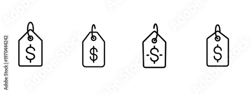 Ecommerce price tag web line icons set featuring dollar price tag, discount label, sale ticket, cost badge, retail offer, and more Vector Illustration with editable stroke.