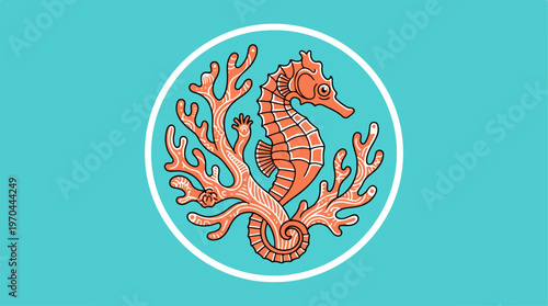 Orange seahorse and coral illustration on a turquoise background.