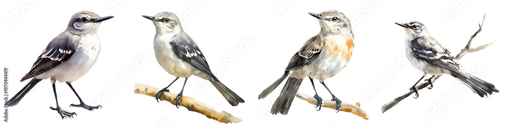 Obraz premium Four northern mockingbirds in watercolor style perch on branches against black background