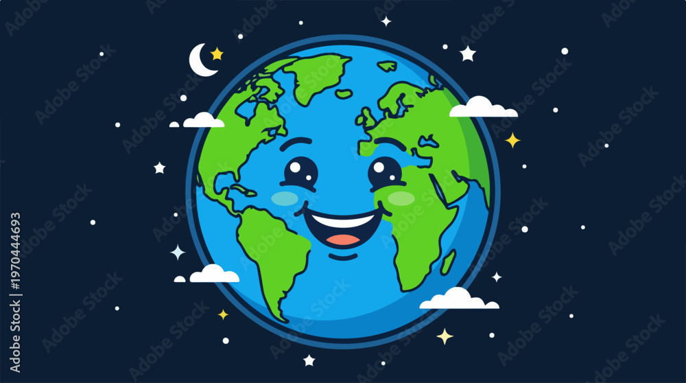 Fototapeta premium Smiling Earth Cartoon Illustration with Stars and Clouds.