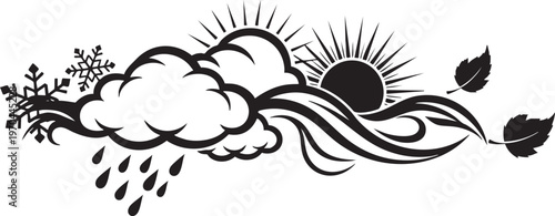 Black and white illustration depicting weather elements and seasonal changes