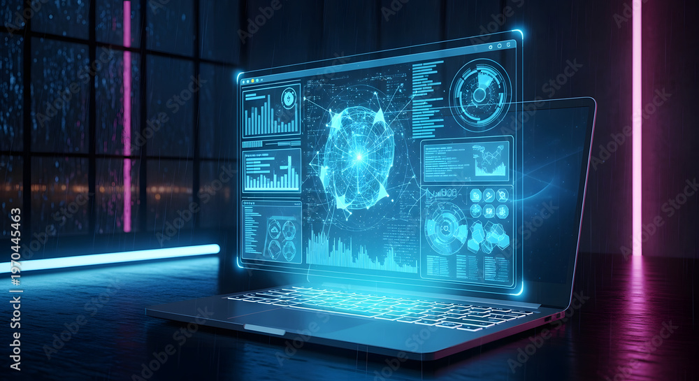 Fototapeta premium Futuristic Laptop with Advanced Holographic Data Analytics Interface