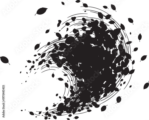 Abstract swirling design composed of leaves and dark ink like shapes