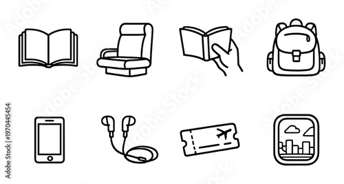 Travel and reading icons arranged in grid on dark gray background