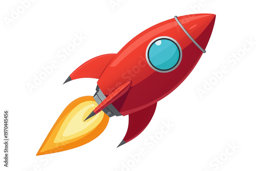 Red cartoon rocket taking off, flying with fiery propulsion and a porthole, transparent background