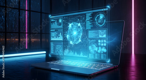 Futuristic Laptop with Advanced Holographic Data Analytics Interface