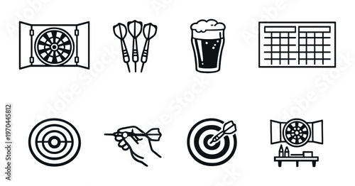 Darts cabinet and bar icons arranged on dark background