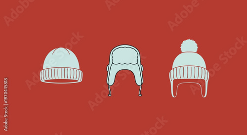 Collection of three winter hats on a red background.