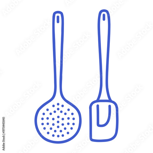 Skimmer and spatula in blue line art style. Hand drawn icon. Outline vector isolated illustration. 