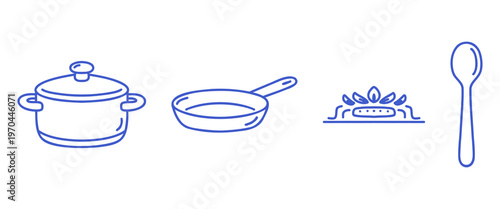 Cooking icons set with pot with lid, frying pan, gas stove burner and spoon. Blue line vector icons on white background.