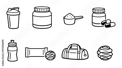 Fitness supplement icons and accessories on gray background