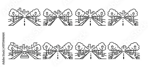 Tree lined avenue with street lamps and benches toward city skyline