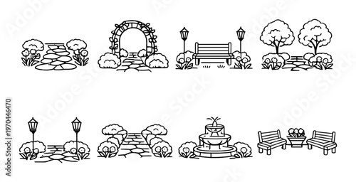 Garden structures and benches arranged along park pathways