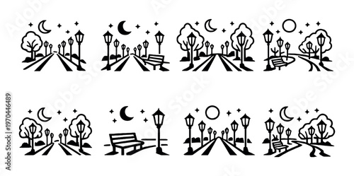 Park pathways at night with benches trees lamps and moon