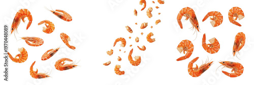 Photos Fresh Cooked Shrimps and Prawns Falling and Scattering on White Background