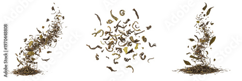 Cuadro en lienzo Flying Green Tea Leaves and Dried Herbal Tea Particles Spilling Isolated on Whit