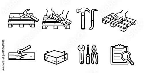 Wood pallet repair process and tool icons on gray panel