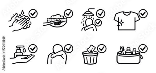Personal hygiene routine and care icons on gray background