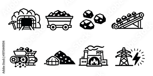 Coal mining and processing icons arranged on gray background