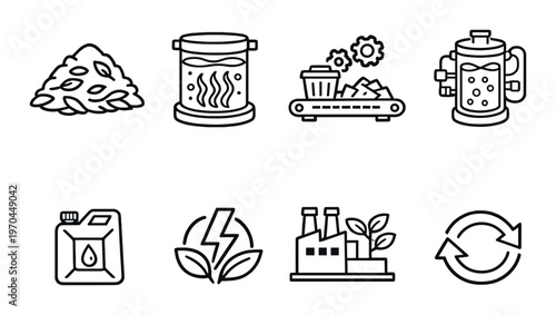 Biomass icons for bioenergy processing and recycling on dark