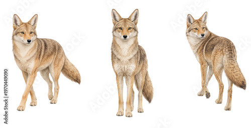 A charming watercolor collection of coyotes featuring wild desert canines with sandy fur and alert poses illustrated in a natural wildlife style.