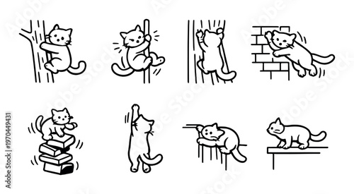 Cats climbing poles walls and shelves on gray background