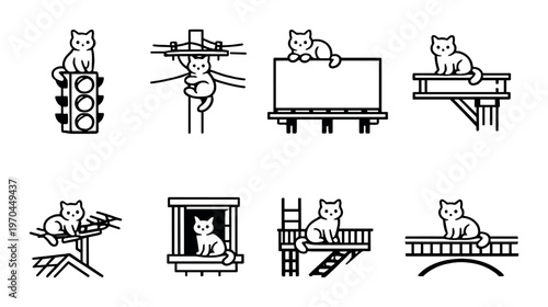 Cats on traffic lights billboards and rooftops on gray background