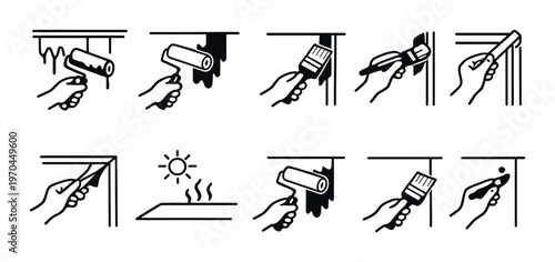 Hands using painting tools and wall preparation icons