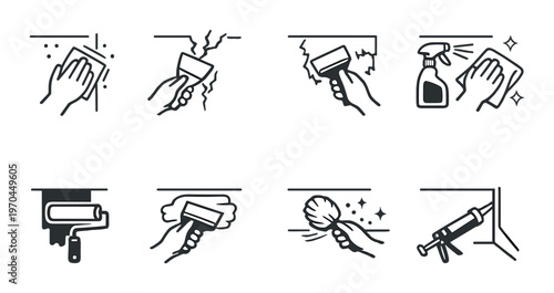 Hands cleaning and paint smoothing tools on wall icons