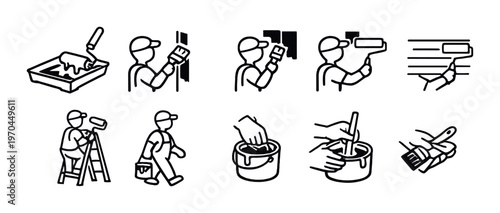 Painter using rollers brushes and buckets in work icons