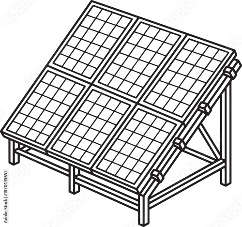 Black and white line drawing of a solar panel on a stand