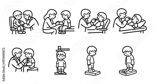 Children receiving medical examinations and measurements in clinic