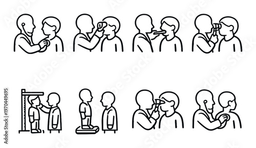 Doctor performing physical examinations on patient in clinic icons