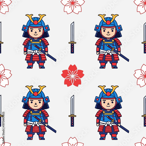 Cute Cartoon Samurai Warrior Character Seamless Pattern.