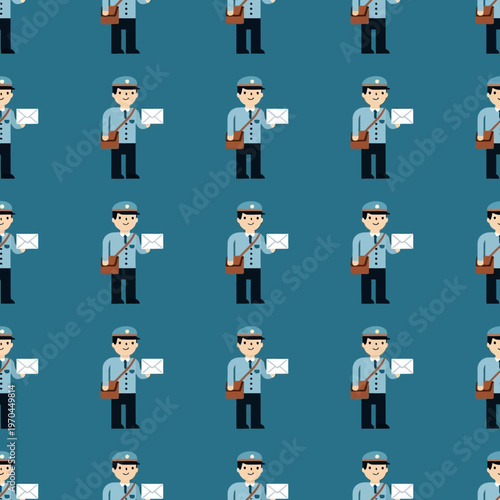 Seamless Pattern of a Cheerful Mailman Delivering Letters.