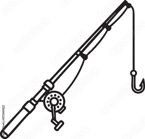 A black line drawing of a fishing rod with a hook
