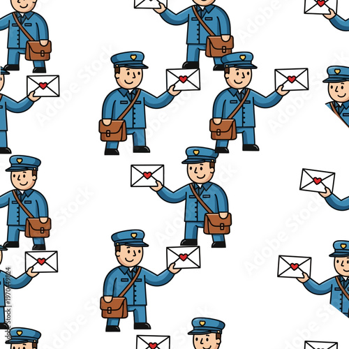 Seamless pattern of cartoon postmen delivering mail.