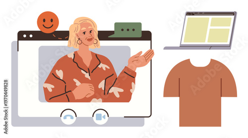 Virtual meetings, digital communication, remote work, online education, social interaction, video conferencing. A woman gestures on a video call platform with a laptop nearby. Virtual meetings