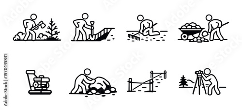 Workers performing earthwork and landscaping tasks in outdoor setting