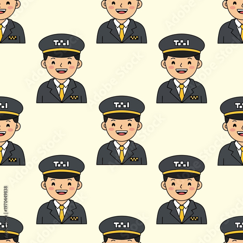 Seamless pattern of friendly taxi drivers in uniform.