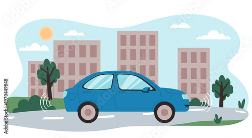A blue car driving along a city street with trees and tall buildings, shown in a simple flat style on a bright sky background, expressing urban transport concept. Hand-drawn vector illustration