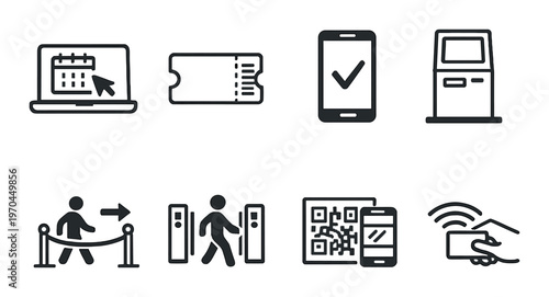 Ticketing and entry icons showing digital payment and access methods