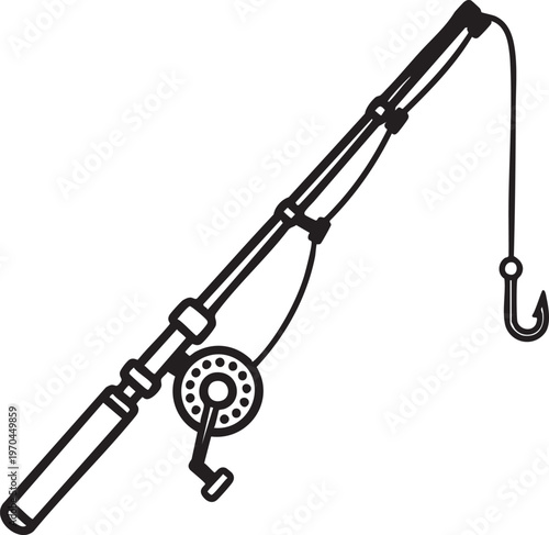 Black and white illustration of a fishing rod with a hook